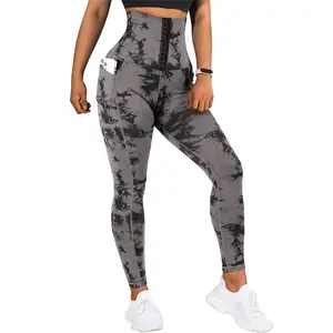 Boskims Leggings de gymnastique taille haute pantalon de yoga grande taille poches vêtements d'entraînement en gros respirant cravate teinture impression ventre contrôle cravate