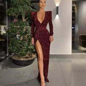 A5225 Nouveautés 2024 Robe longue noire à col en V et sequins pour femme, élégante avec fente haute - Product Image 2