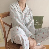 Collection automne/hiver vêtements de nuit pour femmes mignon bulle coton pyjamas Cardigans avant Logo cordon petites cerises pastorale