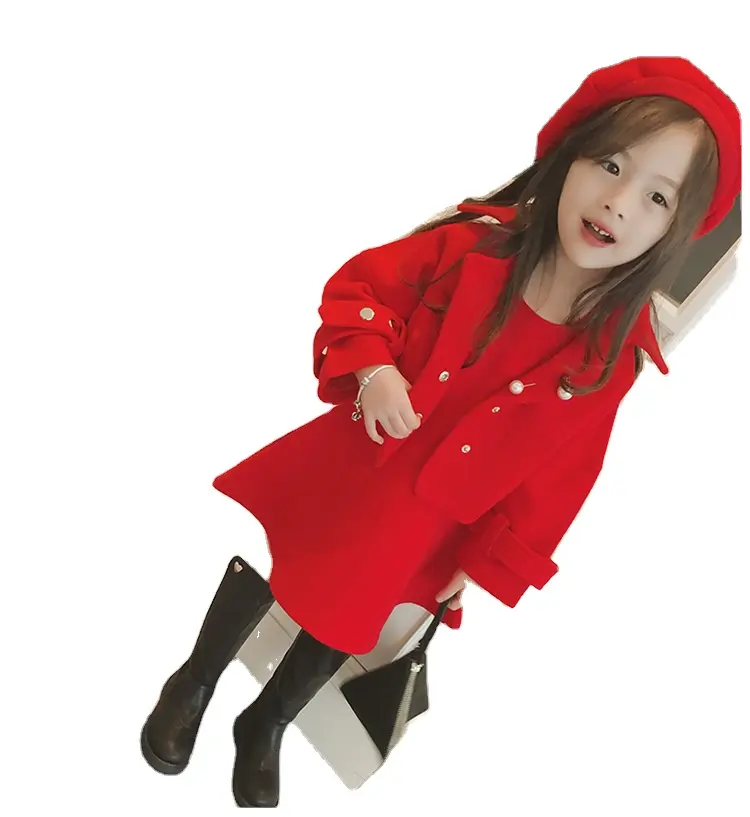 करेन शैली बच्चों के बच्चों लड़की डिजाइनर सर्दियों ऊनी ठोस रंग लाल कोट कपड़े के साथ मोती सामान