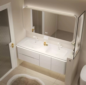 New smart <b>white</b> hot-bent integrated basin bathroom <b>cabinet</b> double countertop hanging <b>storage</b> mirror <b>cabinet</b> - Product Image 4