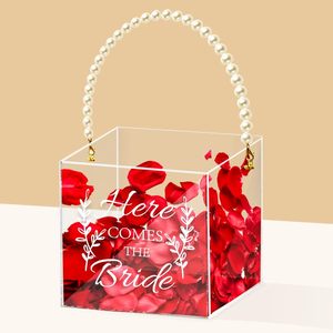 Paniers de fille de fleur en forme de rectangle en acrylique clair poignée de perle <span class=keywords><strong>organisateur</strong></span> de <span class=keywords><strong>bureau</strong></span> élégant pour les mariages thème 'Here Comes Bride' - Product Image 1
