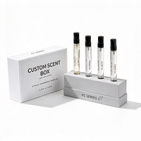 Boîte cadeau personnalisée en papier blanc pour kit découverte de parfums, plateau intérieur en papier avec pelliculage mat, logo noir estampé à chaud