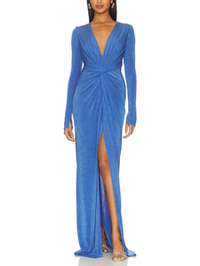 Vestido plisado azul para mujer, nuevo diseño 2026, corte ajustado, abertura frontal, largo hasta la pantorrilla, vestido largo - Product Image 1