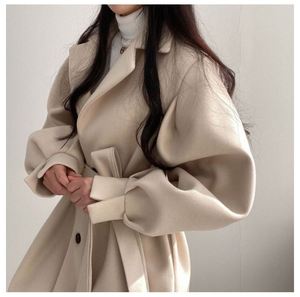 Manteau décontracté pour femme automne-hiver, style coréen, col tailleur, manches bouffantes, couleur unie, boutonné, coupe ajustée et ample, avec ceinture - Product Image 6
