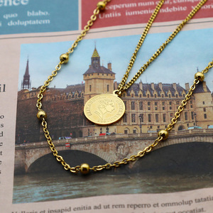 French Queen Coin Necklace 18K Gold Plated Round Pendant Stainless Steel Chain Women's Fashion Jewelry Gift - Product Image 1