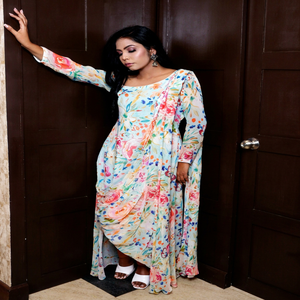 Vestido Maxi con Estampado Floral y Hombros Descubiertos, Mangas Tipo Kimono, Túnica Holgada de Georgette, Cintura Imperio, Estilo Romántico de Verano - Product Image 1