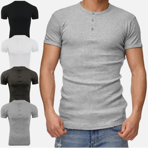 Chemises homme slim fit de qualité, en coton, tissu côtelé 1x1, t-shirt Henley - Product Image 1