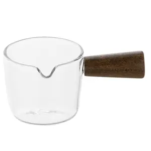 Nieuwe Creative Clear Mini Melk Koffie Kruik Saus Crème Honing Pot Suiker Glazen Pot Met Houten Handvat