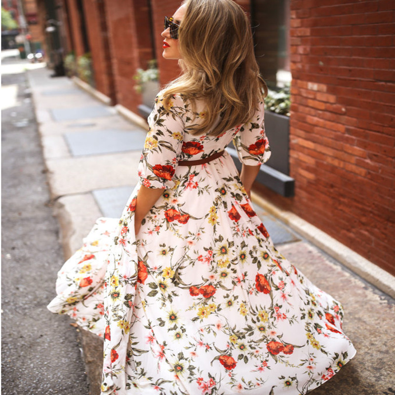 Autumn Fashion Floral Print Large Hem Slim Fit Casual Chiffon Dresses  Wholesale Mid Sleeve O Neck Long Maxi Dress| Alibaba.com