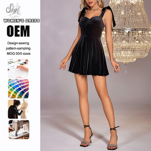 Robe de soirée mini en velours noir pour femme, personnalisée en usine, avec détail nœud, coupe évasée, idéale pour les fêtes - Product Image 1