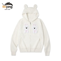 Veste en cachemire pour femme avec capuche oreilles d'ours mignonnes, en tricot moelleux et pelucheux, broderie de lapin de dessin animé, fermeture éclair, vêtement d'extérieur décontracté d'hiver