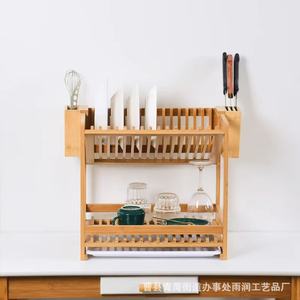 Bamboo Kitchen <b>Dish</b> <b>Rack</b> 2 Tier Quick Dry Drain <b>Rack</b> Desktop Organizer Storage <b>Rack</b> With Knife Holder - Product Image 5