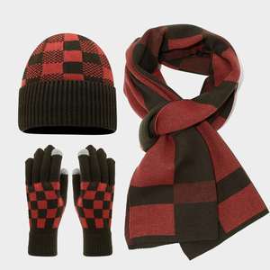 Korean Style Winter Outdoor Plaid Knitted Warm Cold Proof Scarf Gloves Beanie Hat Suit - Product Image 3
