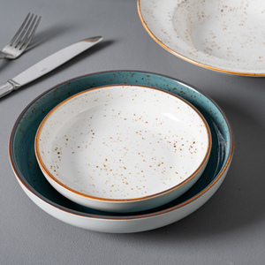 Plato Hondo Redondo de Porcelana Cerámica Rústica con Diseño Moteado P&T <span class=keywords><strong>para</strong></span> Servir la <span class=keywords><strong>Cena</strong></span> en Restaurantes y Hoteles (Venta al Por Mayor) - Product Image 1