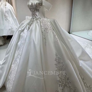 Dw0211 Vestido de Novia de Lujo Hecho a Medida, Estilo Princesa, en Satén, con Bordado de Cristales, Hombros Descubiertos y Cola Catedral, Jancember - Product Image 4