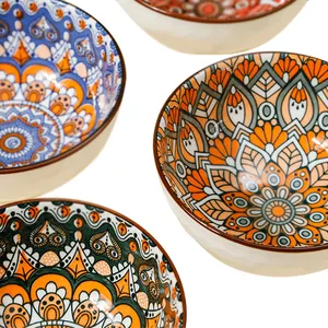 Cuencos de arroz de porcelana de cocina de estilo bohemio de 4,5 pulgadas portátiles, juego de cuencos de fideos de sopa de cerámica turca reutilizables de grado alimenticio