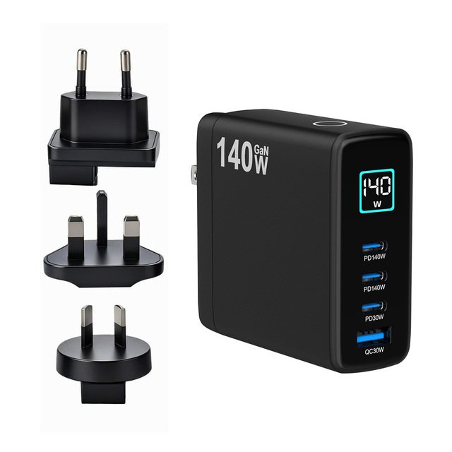 140W GaN Charger USB Type C PD Fast Charging QC3.0 with TFT Digital Smart Display 4 Ports 3C1A Adapter for Phone Tablet Laptop