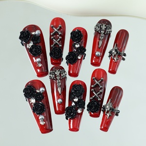 Precio de fábrica al por mayor, diseño rojo, uñas postizas hechas a mano, 10 unidades, uñas acrílicas tipo ataúd, uñas 3D personalizadas, uñas artificiales. - Product Image 3