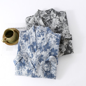 Nouvelle robe de nuit ample en pur coton teint en fil, à lacets, respirante, à motif floral, pour <span class=keywords><strong>homme</strong></span>, printemps-été-automne, mi-longue, 100 % coton - Product Image 2