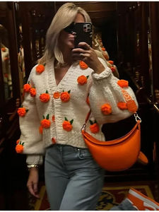Suéter de Mujer de Moda Primavera, <span class=keywords><strong>Tejido</strong></span> <span class=keywords><strong>a</strong></span> <span class=keywords><strong>Crochet</strong></span> con Flores 3D, Personalizado, de Manga Larga, Cuello en V, Corto, Holgado, Tipo Cárdigan - Product Image 4