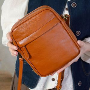 Sac à bandoulière pour femme en cuir véritable, carré vertical, fermeture éclair, portable, usage quotidien, marron café noir - Product Image 1