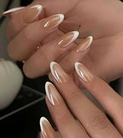 Faux ongles français en amande avec logo personnalisé ISO9001, motif ligne dorée, à coller, à presser, en acrylique, taille moyenne
