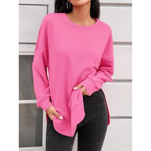 Fisoew Women's Crewneck <b>Sweatshirt</b> <b>Long</b> Sleeve Asymmetric Hem Loose Fit Casual Top Rose Red - Product Image 5