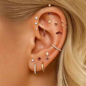 18K <b>Gold</b> Plated 925 Sterling Silver Red Garnet Flower Triangle Tassel Marquise Zircon Flat Back Threaded <b>Piercing</b> Earrings - Product Image 3