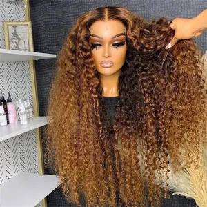30 Inch 250 Density Highlight Honey Brown Curly Lace Front Human Hair Wigs 13x6 13x4 Ombre Colored Deep Wave Lace Frontal Wig