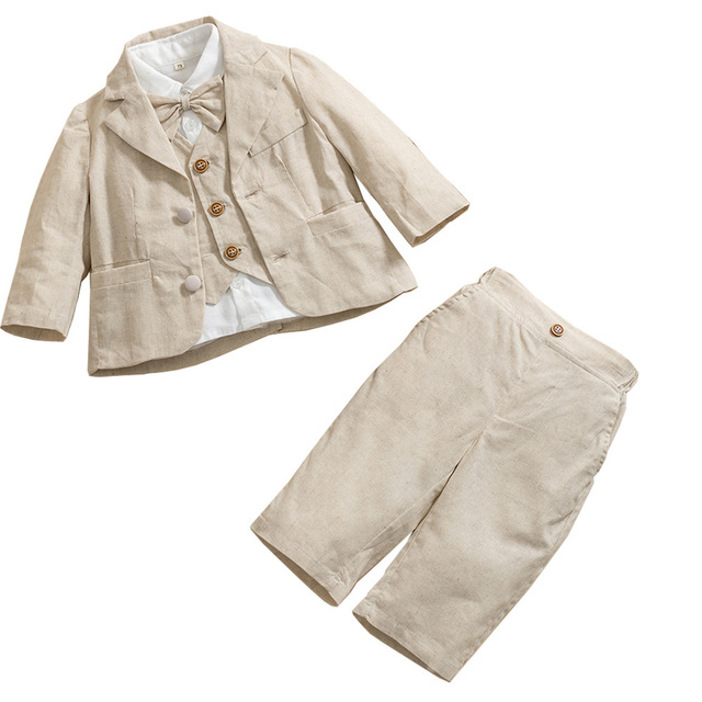 New Arrival Little Toddler Boy Wedding Beige Clothes Set Cream Jacket+Vest+Shirt+Pants+Bowtie Kid's Linen Suit
