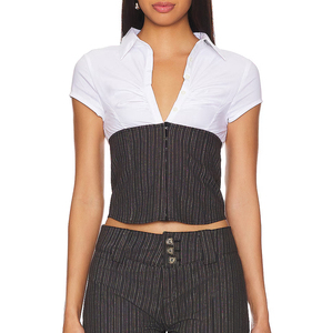 <span class=keywords><strong>Camicetta</strong></span> Casual da Donna <span class=keywords><strong>Bianca</strong></span> e Nera a Righe con Maniche Corte, Colletto Rovesciato e Vita Stretta - Product Image 1