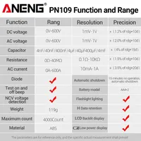 Multimètre numérique à pince tactile intelligent ANENG PN109 600A AC, 4000 points de lecture, NCV avec rétroéclairage et lampe torche.