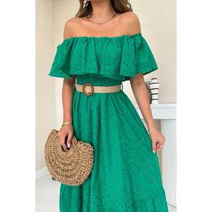 Vestido Maxi Verde con Hombros Descubiertos, Bordado, Cintura Elástica, Corte Holgado, Informal, Tejido Transpirable, para Uso Diario - Product Image 2