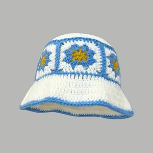 Outdoor Sun Cap Colorful Handmade Crochet Bucket Hat Folded Beach Sunscreen Hats Knitted Bucket Hat