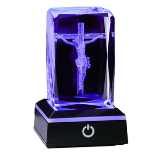 Movdyka - Figura de Cristal Rectangular con Cruz de Jesús en 3D, Base de Luz LED Colorida, Luz Nocturna Religiosa, Regalo Cristiano de Pascua - Product Image 1
