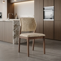 Chaise de salle à manger en bois d'hévéa de design moderne avec assise et dossier moelleux en lin, conforme à la norme EUDR