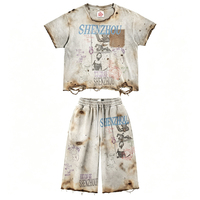 Ensemble de survêtements décontractés personnalisés effet vieilli, t-shirts et shorts en coton surdimensionnés avec strass et motifs vintage, vente en gros