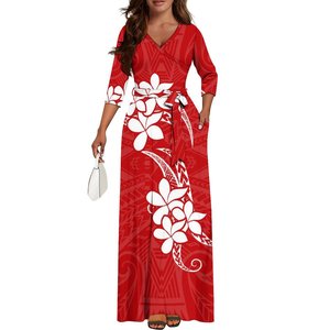 Yeni özelleştirilmiş Fiji Tonga polinezya kabile baskı yüksek-bel kemeri uzun elbise bayanlar zarif yan cep V boyun abiye - Product Image 3
