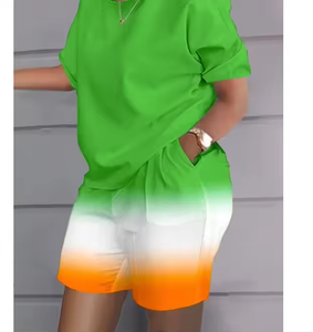 Conjuntos de Camiseta y Pantalones Cortos de Poliéster para <span class=keywords><strong>Mujer</strong></span>, Estampados a la Moda, Verano, Diseño Liso y a Cuadros, Teñido Uniforme, Ecológicos - Product Image 1