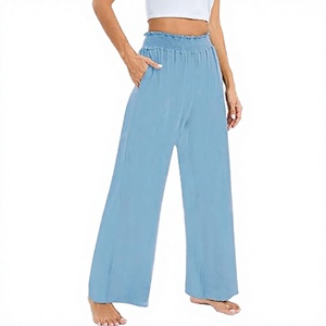 Pantalon en lin et mousseline taille haute ample décontracté pour la plage, taille élastique, été, couleur unie, jambe large, design respirant - Product Image 3