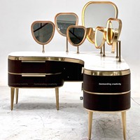 Ensemble de coiffeuse italienne de luxe léger en acier inoxydable courbé, écologique, entièrement assemblé, avec miroir de maquillage à cadre multi-orné doré
