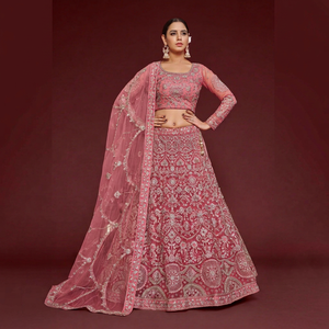 <b>Rose</b> Pink Embroidered Polyester/Cotton Lace Lehenga Choli Net Saree Set Traditional Wedding Outfit for Women - Product Image 1