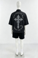 Chemises à boutons brodées noires à manches courtes, imprimées, coupe courte, style streetwear oversize, t-shirts respirants pour hommes