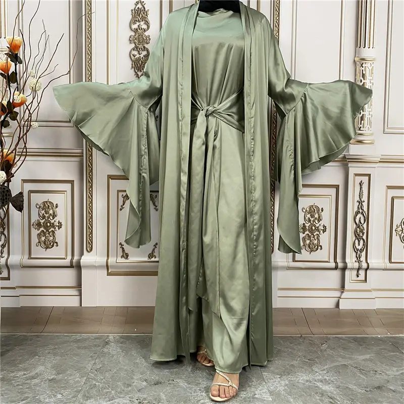 Islamitische Vrouwen Jurk Abaya Moslim Jurken Dubai Satijn Moslim Vrouwen Abaya 3 Stuks Effen Kleur Jurk Set