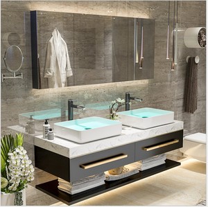 Mobile da <span class=keywords><strong>Bagno</strong></span> Sospeso in Multistrato con Lavabo da 72/60 Pollici e Top in Marmo - Product Image 3