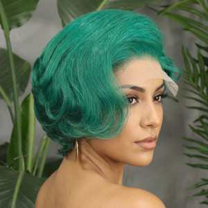 วิกผม FH 5x5 แบบปิดด้านข้าง ทรงพิกซี่คัท  ไม่ต้องใช้กาว  วิกผมหน้าผากลูกไม้สีเขียว ผมแท้ 100% วิกผมสั้นทรงพิกซี่ - Product Image 1