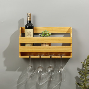 Estante de vino de madera para montar en la pared con 4 soportes para copas, madera maciza de color natural para almacenamiento y exhibición en la cocina o bar. - Product Image 1