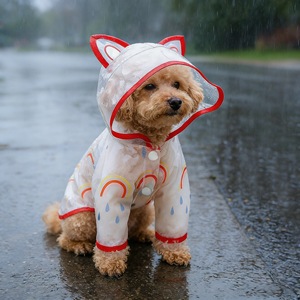 Imperméable pour animaux de compagnie, pour chiens et chats de petite et moyenne taille, imperméable avec imprimé arc-en-ciel et design à capuche avec oreilles de chat, vêtements d'extérieur - Product Image 1