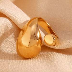 Stainless Steel Plated 18 k Pvd Gold Plated No Fading No Tarnish Large Water Drop Head Smooth <b>Open</b> <b>Ring</b> Women - Product Image 2